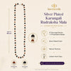Silver Plated Karungali Rudraksha Mala with product details on a beige background