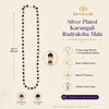 Silver Plated Karungali Rudraksha Mala with product details on a beige background
