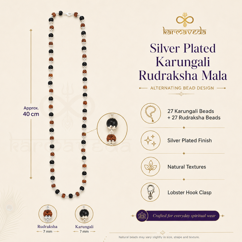 Silver Plated Karungali Rudraksha Mala with product details on a beige background