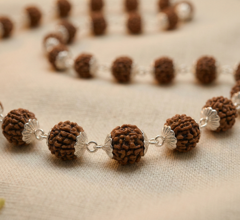 Necklace with brown spherical beads and silver connectors on a beige fabric background
