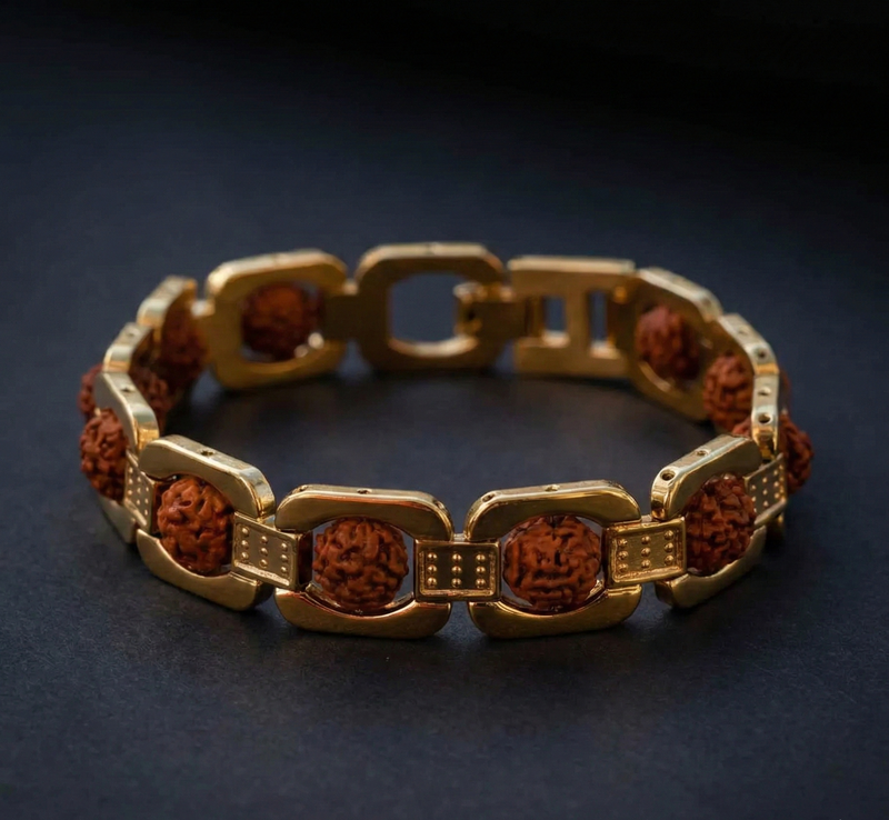 Gold bracelet with brown beads on a dark background